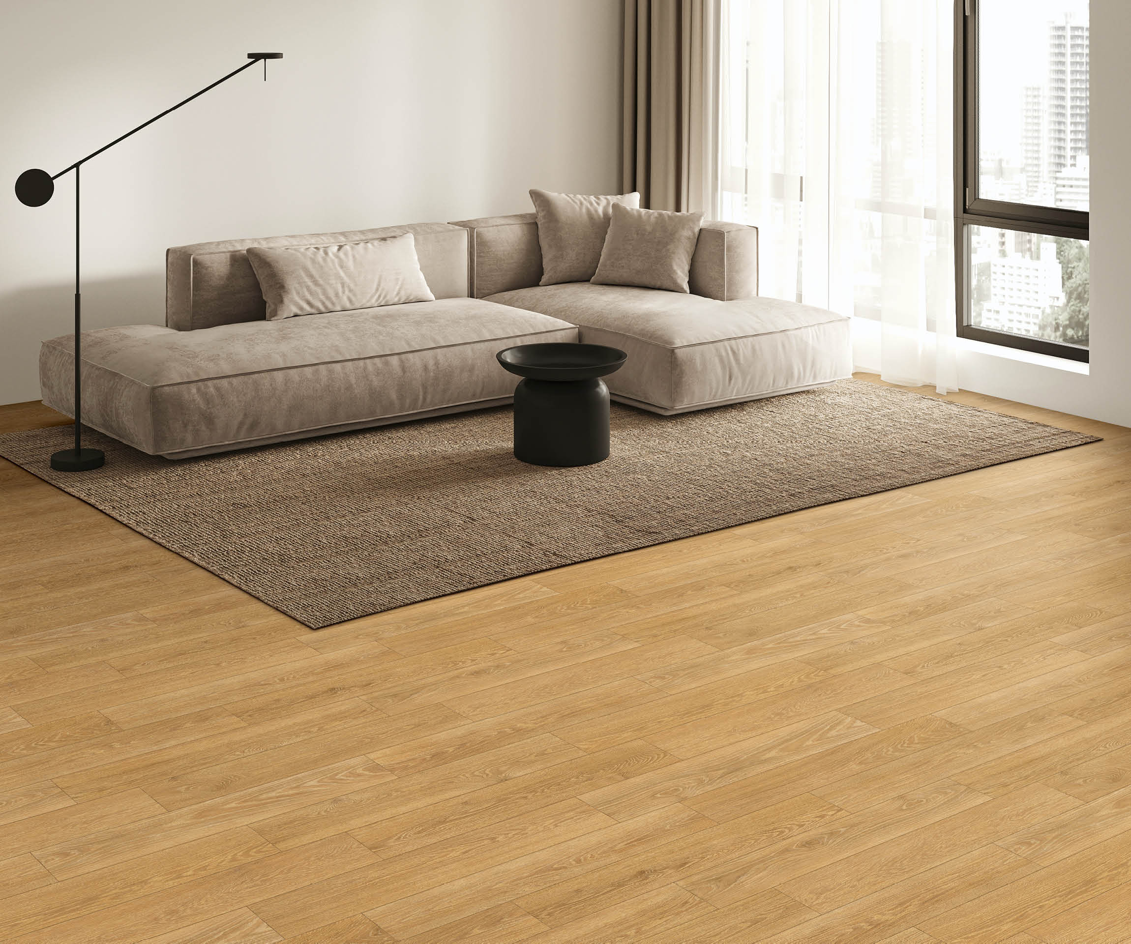 The spacious living room's interior design features a panoramic view, beige tones, and modern decor. 3d rendering. High quality 3d illustration. 3D Illustration