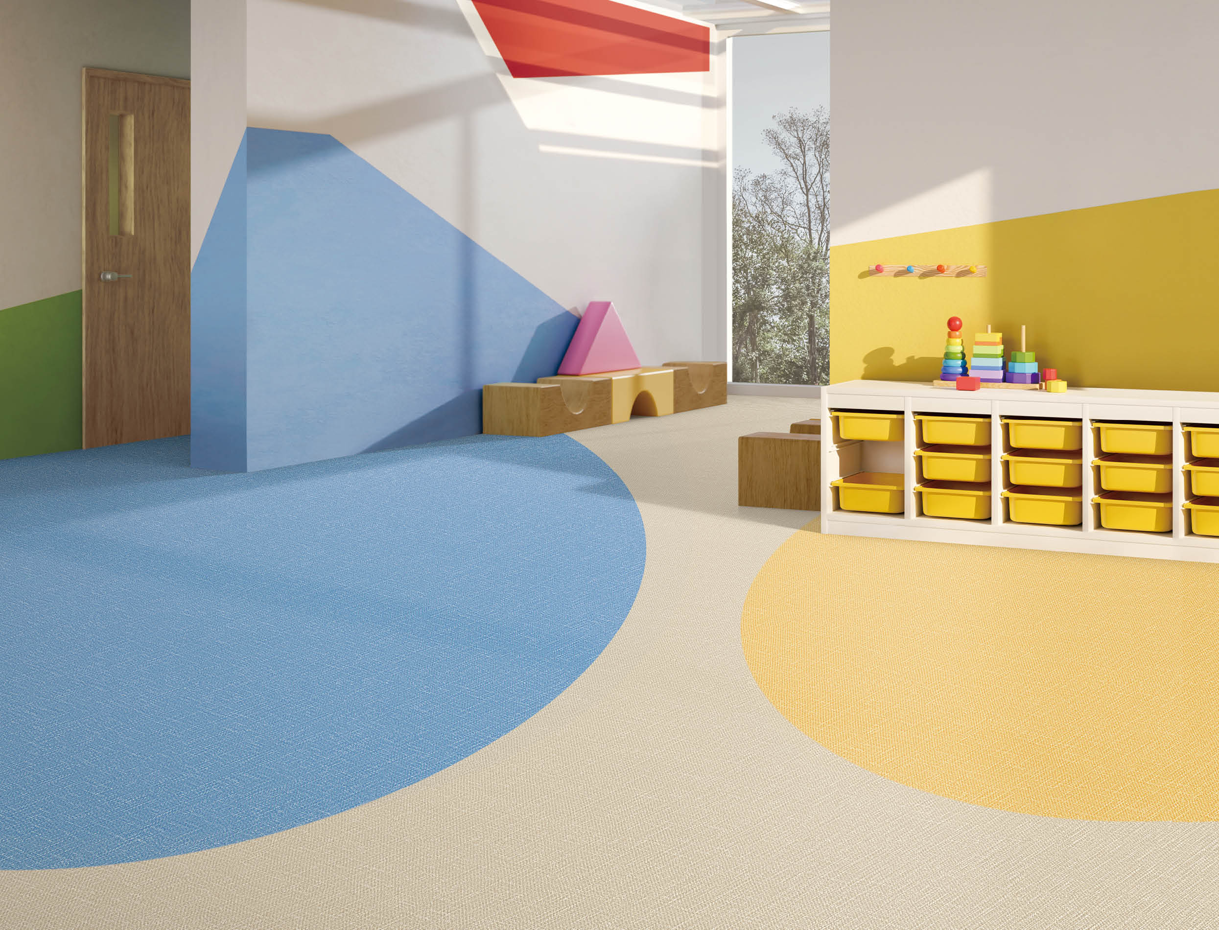 Comfortable kids playroom or kindergarten nursery interior design with kid toys, toys storage, decor and play space. 3d rendering, 3d illustration