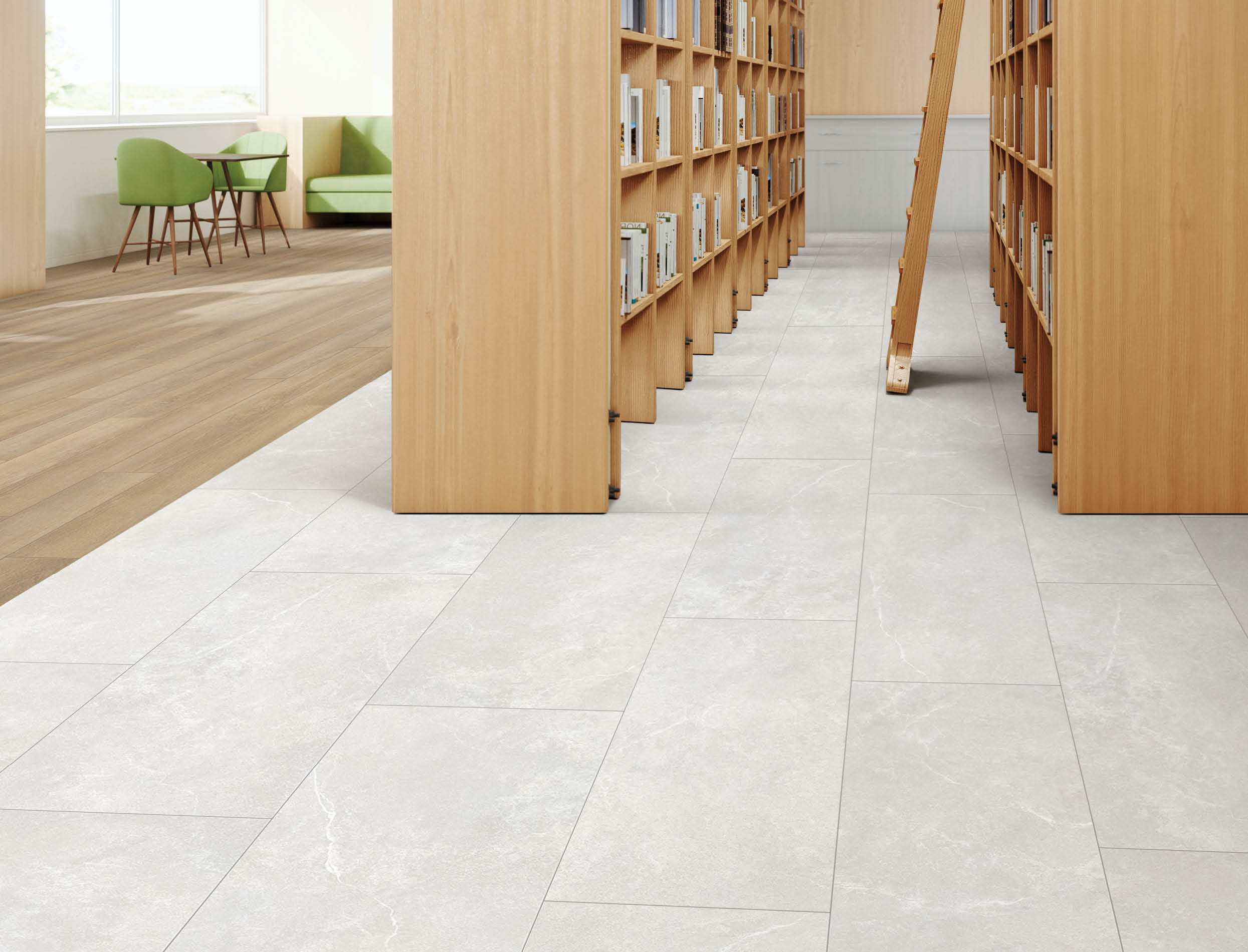 Interior of a large modern library with bookshelves.
