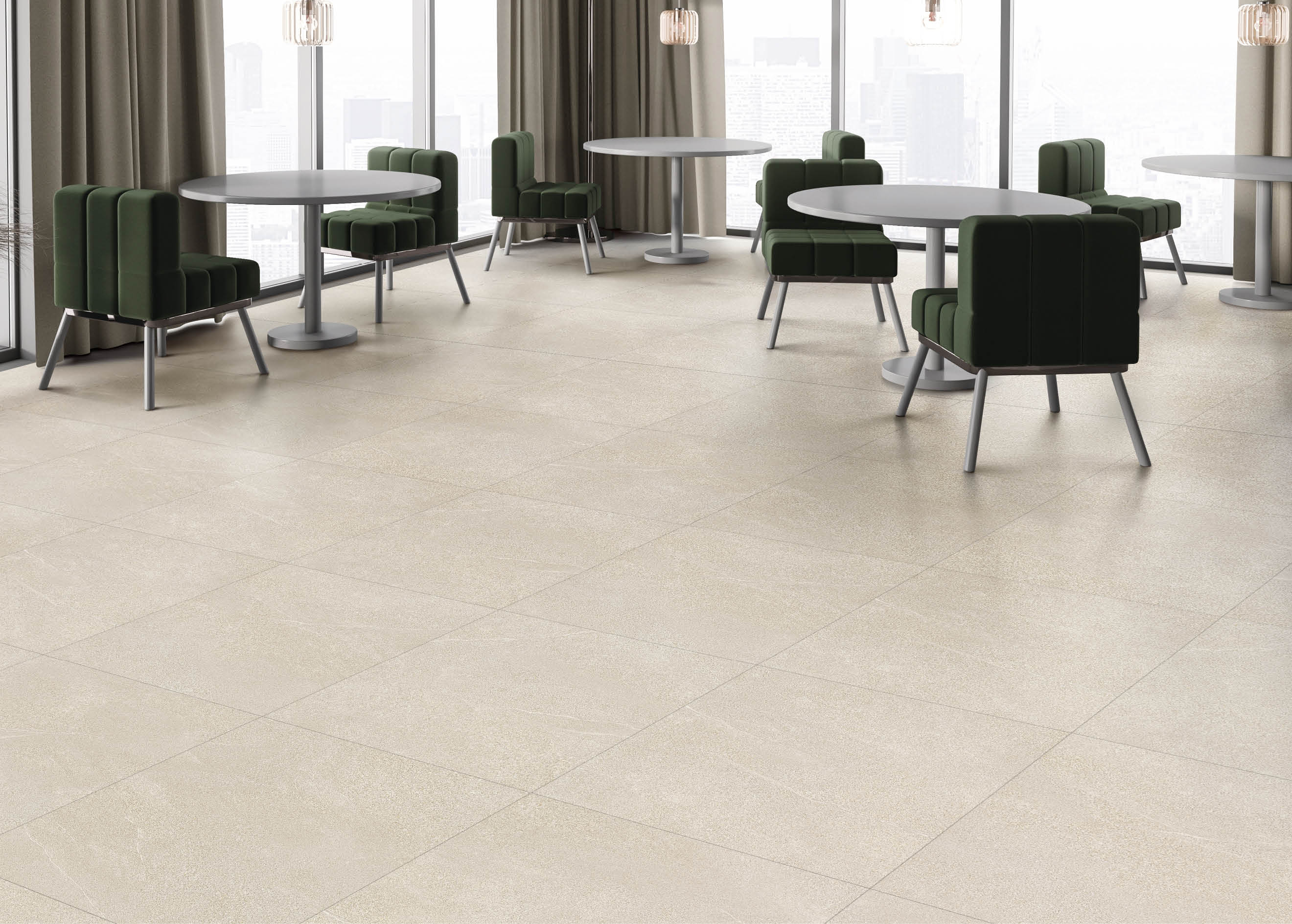 Modern cafe interior with chairs and round table with decoration, side view on grey concrete floor. Dining corner and panoramic window on skyscrapers. 3D rendering