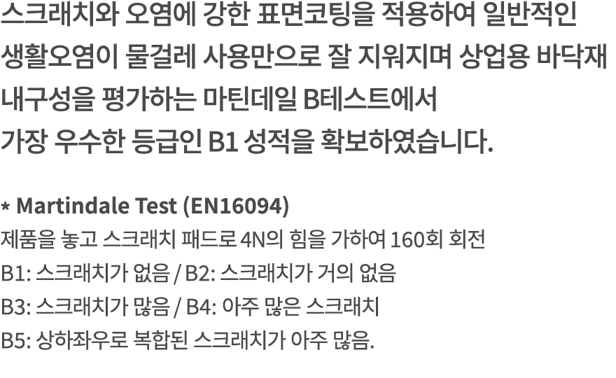 스크래치와 오염에 강한 표면코팅을 적용하여 일반적인 생활오염이 물걸레 사용만으로 잘 지워지며 상업용 바닥재 내구성을 평가하는 마틴데일 B테스트에서 가장 우수한 등급인 B1 성적을 확보하였습니다. * Martin...