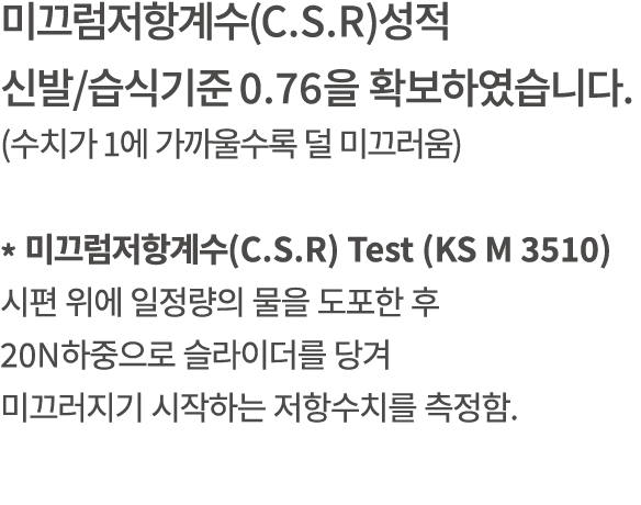 미끄럼저항계수(C.S.R)성적 신발/습식기준 0.76을 확보하였습니다. (수치가 1에 가까울수록 덜 미끄러움) * 미끄럼저항계수(C.S.R) Test (KS M 3510) 시편 위에 일정량의 물을 도포한 후 2...