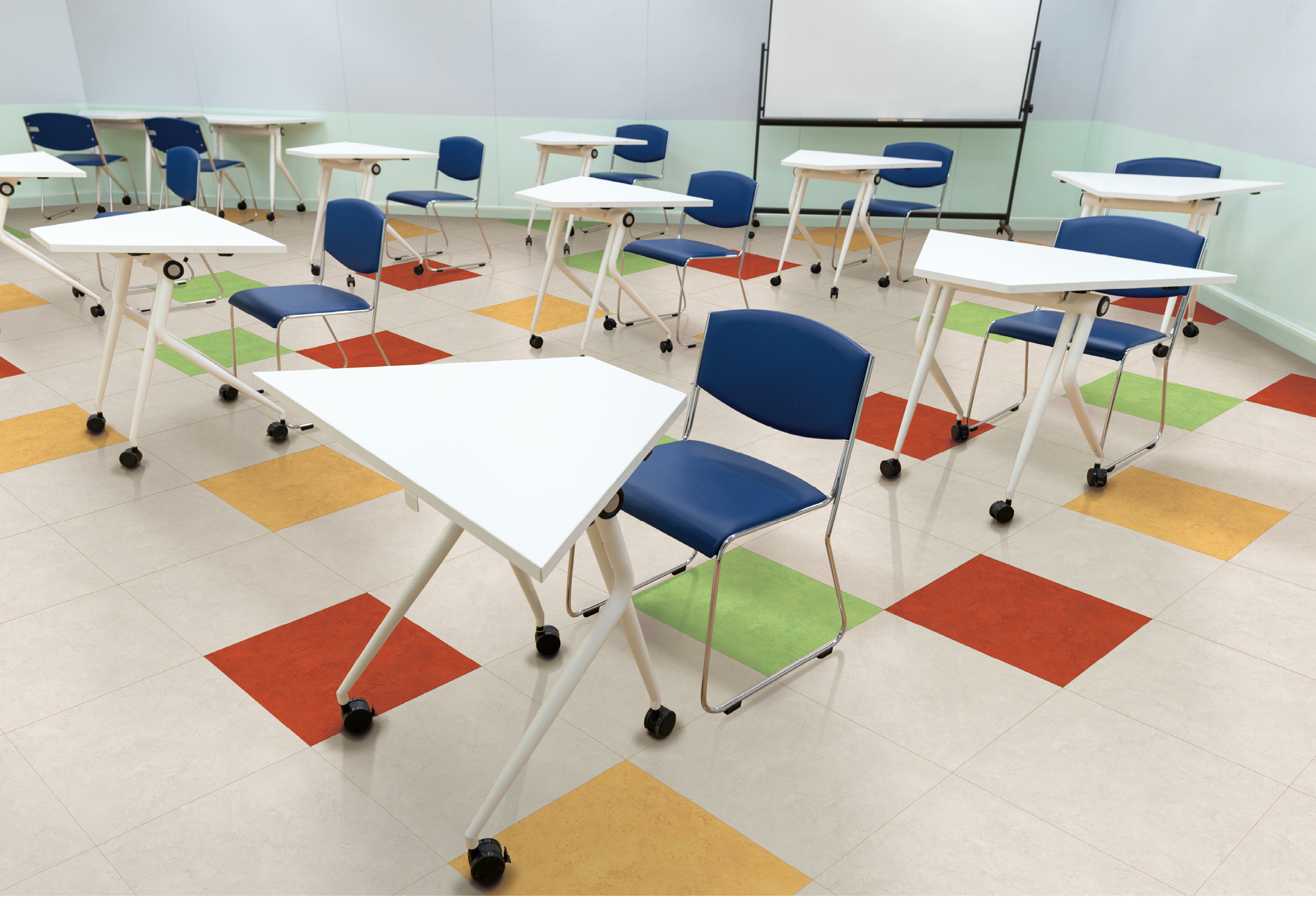 Interior empty classroom in university, Concept of back to school, setting of chair in the room design social distancing