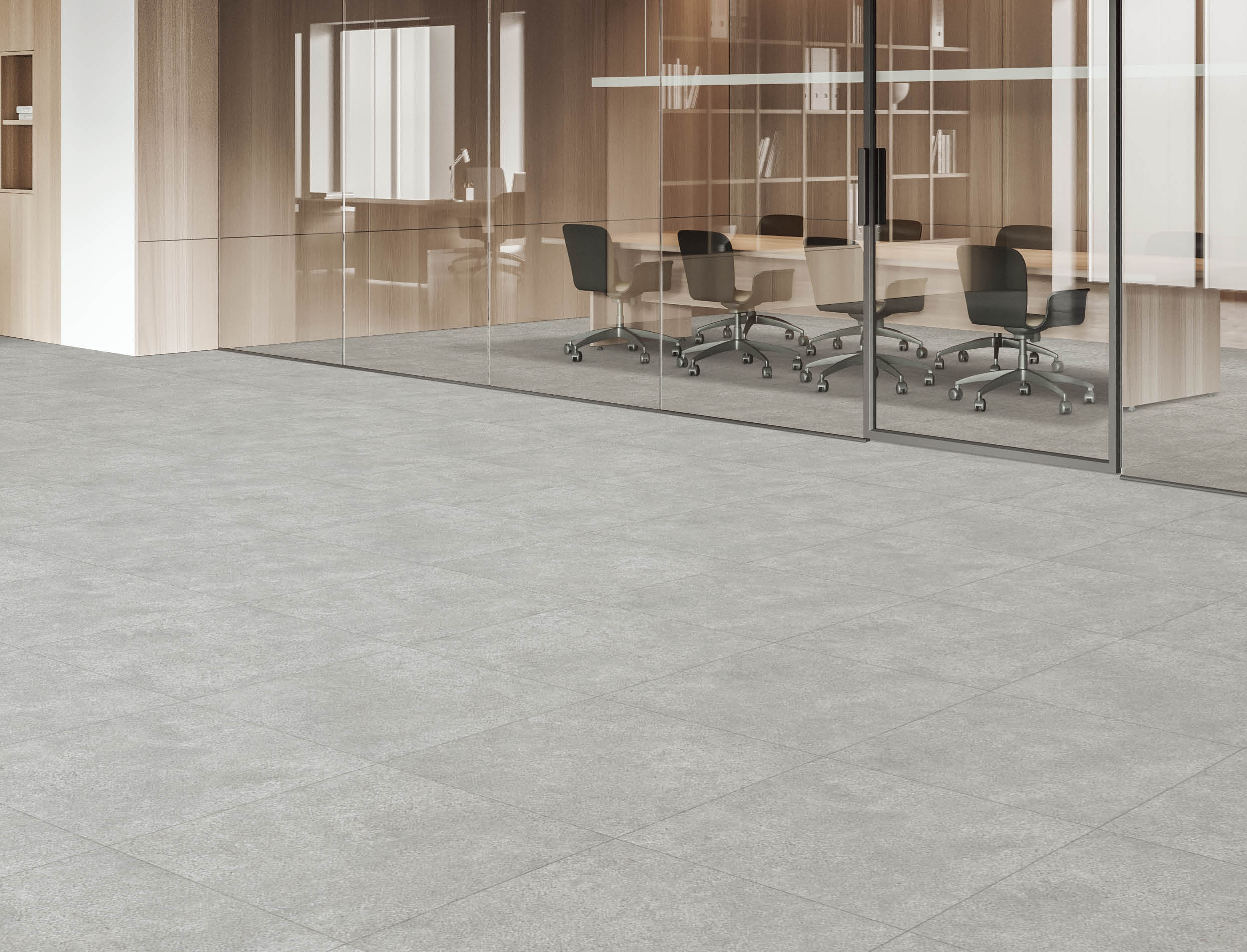 Corner of modern meeting room with wooden and glass walls, concrete floor and long conference table. 3d rendering