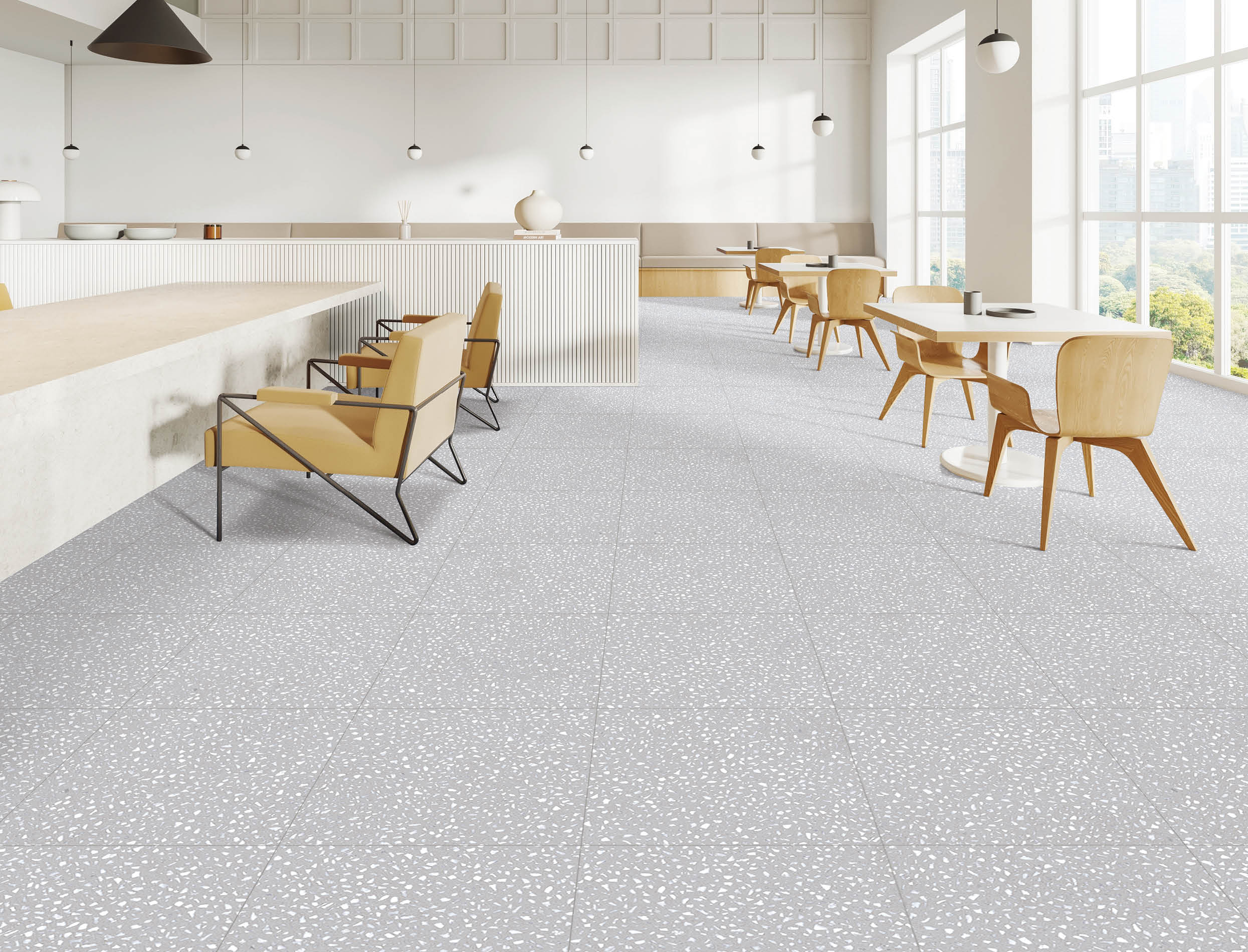 Luxury modern cafe interior with conference table and armchairs, eating space with seats in row, white restaurant with panoramic window on New York skyscrapers. 3D rendering