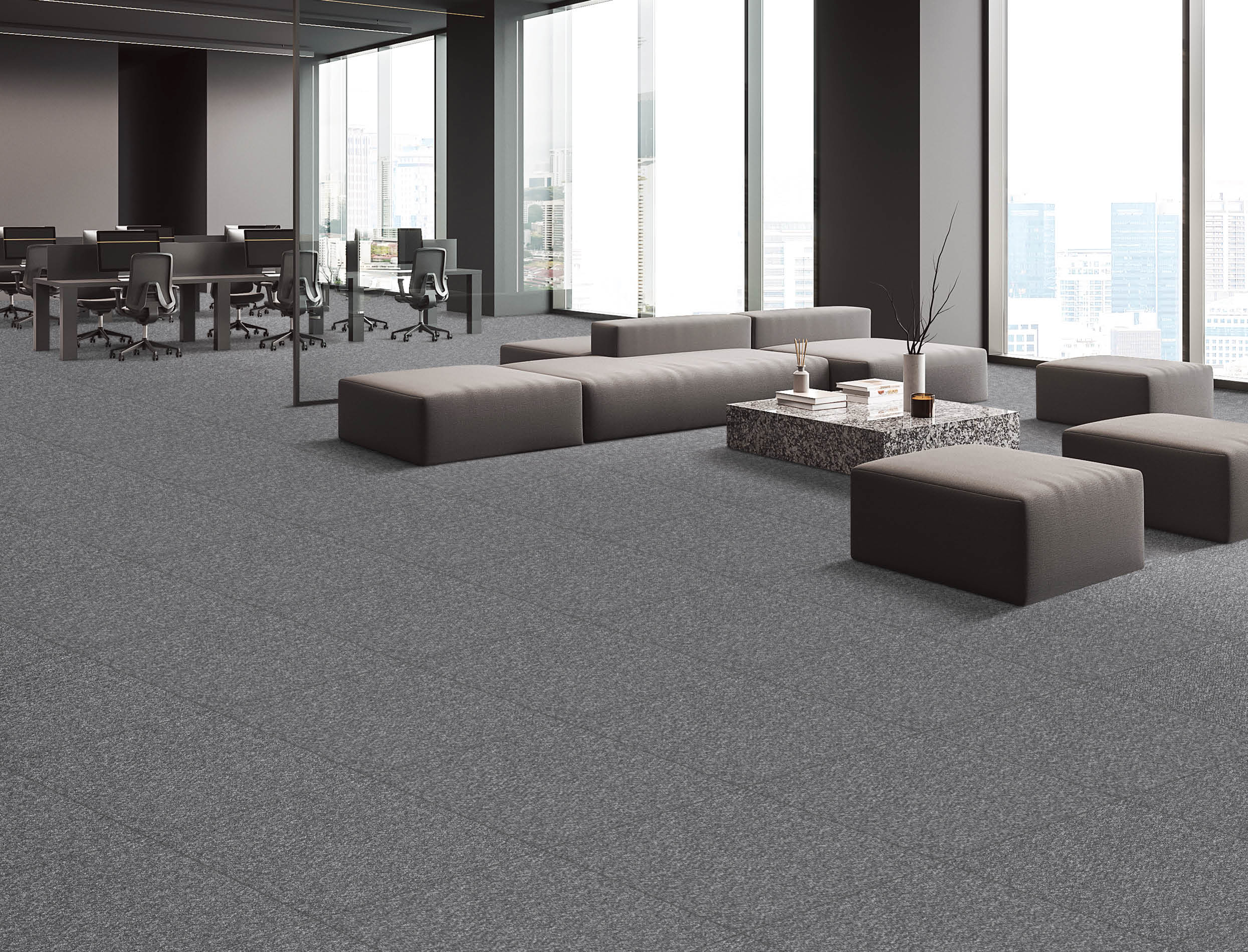 Corner of stylish office waiting room with dark gray walls, concrete floor, cozy sofas and armchairs standing near coffee table and open space area in background. 3d rendering