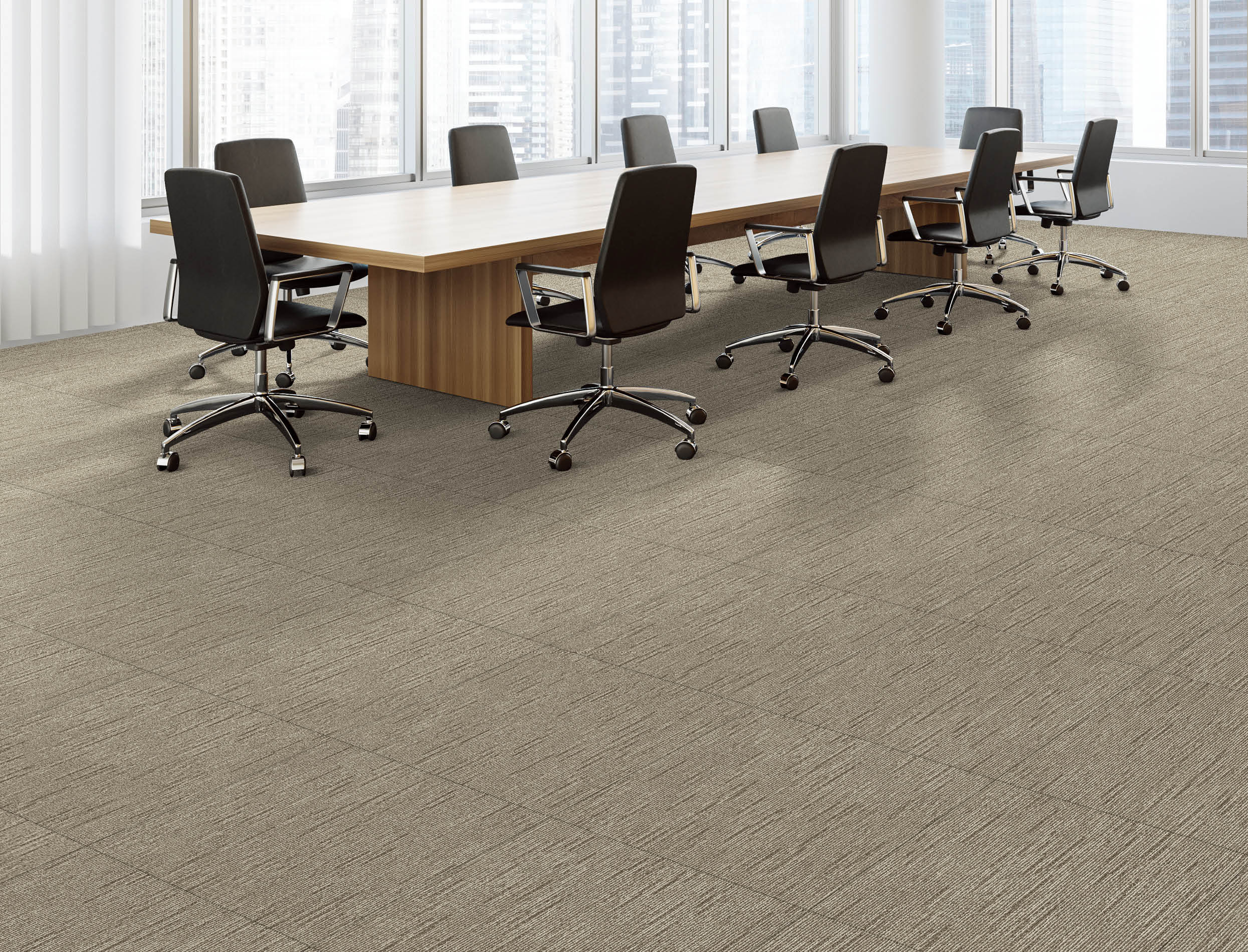 Corner of panoramic meeting room with white walls, concrete floor, long wooden conference table with black chairs and windows with blurry cityscape. 3d rendering