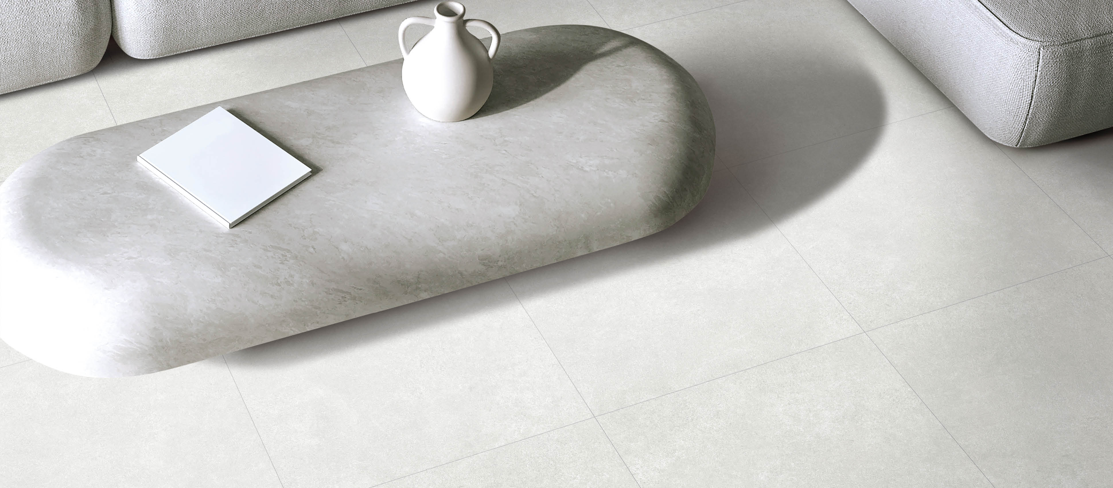 Modern bohemian interior composition with large modular sofa, lamp ceiling and decorative panels. Top view living room with mockup book. 3d rendering. High quality 3d illustration. 3D Illustration