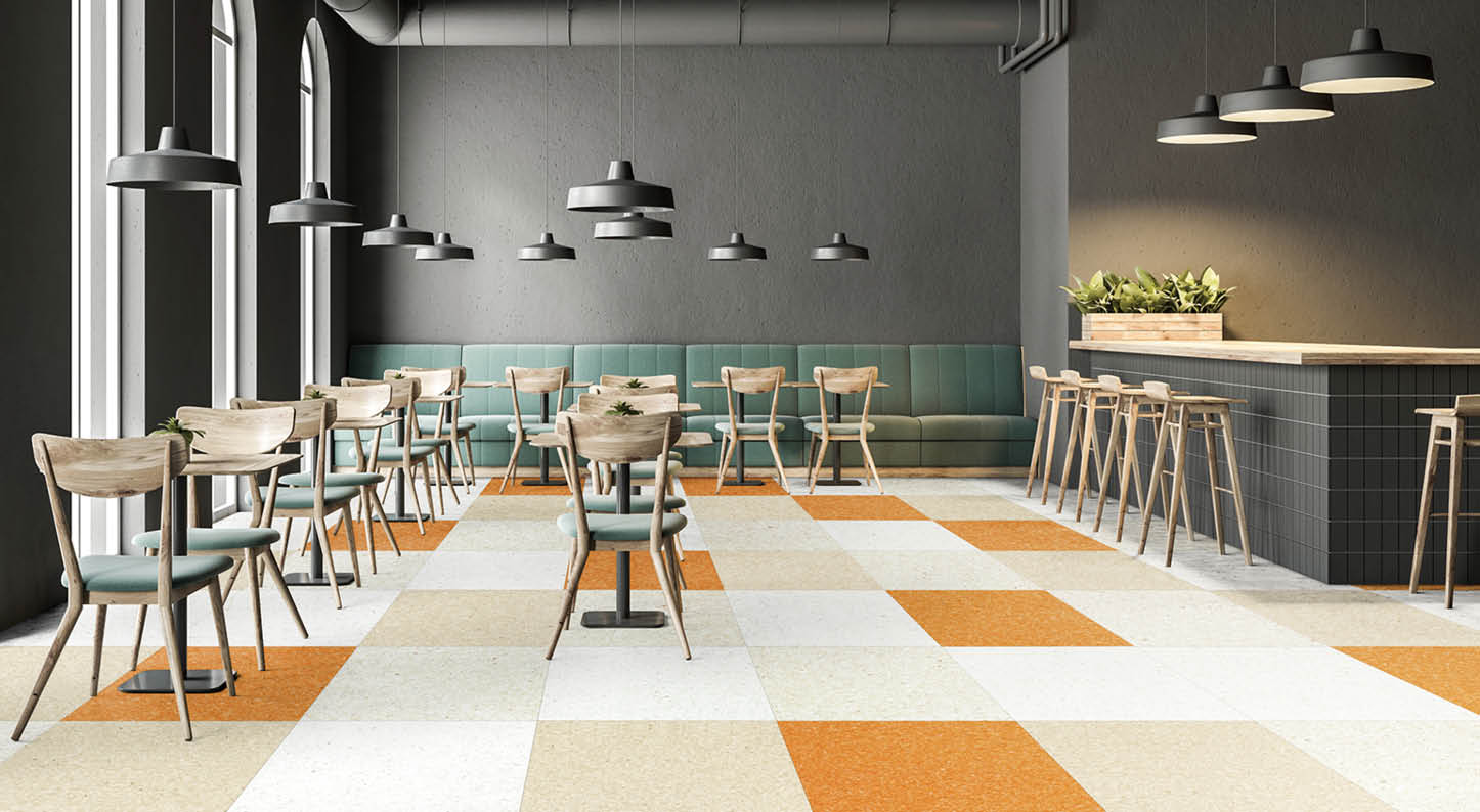 Industrial style cafe interior with dark gray walls, a concrete floor, arched windows and wooden tables with chairs  Green sofas  3d rendering mock up